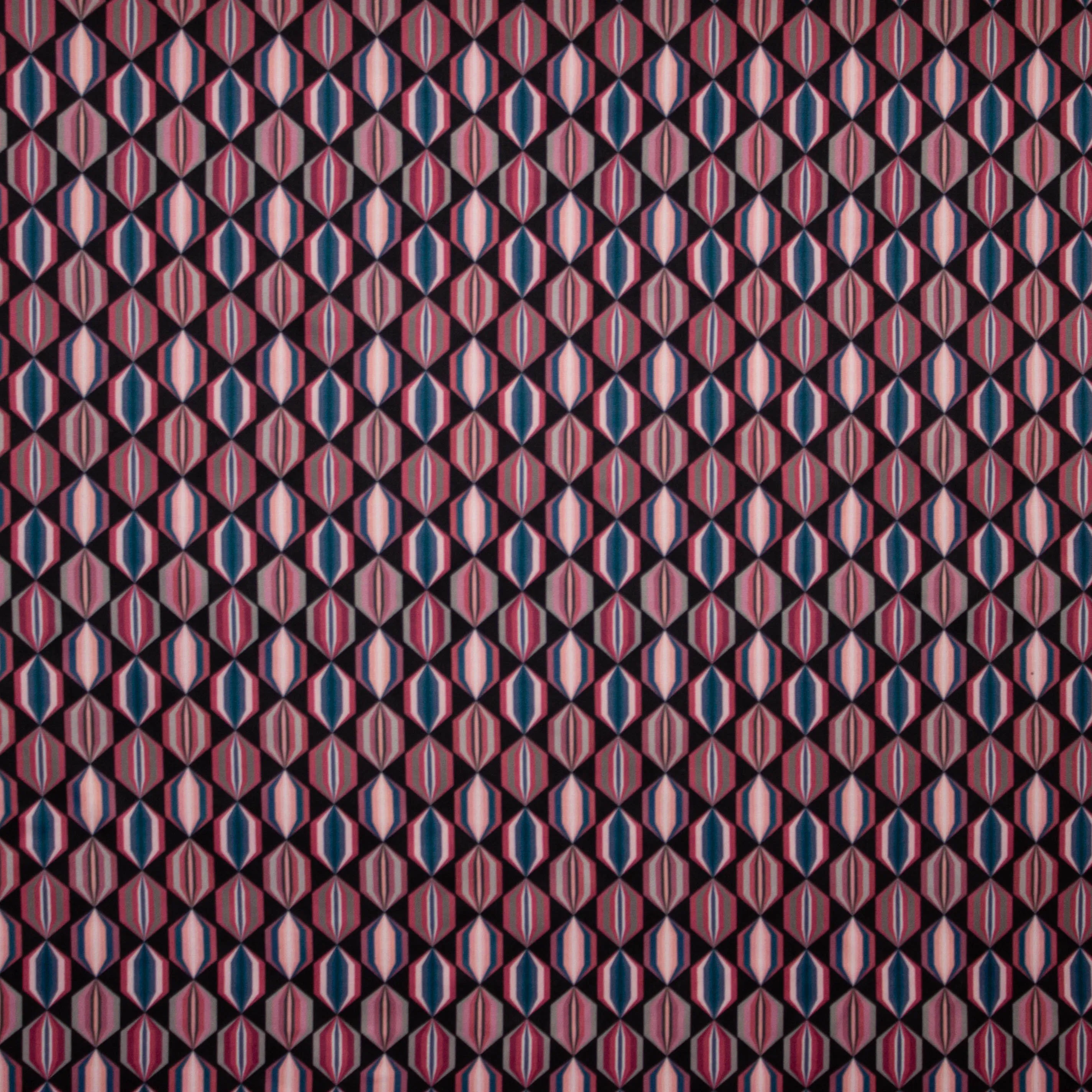 Polyester elastisch met roos en petrolkleurige geometrische figuren